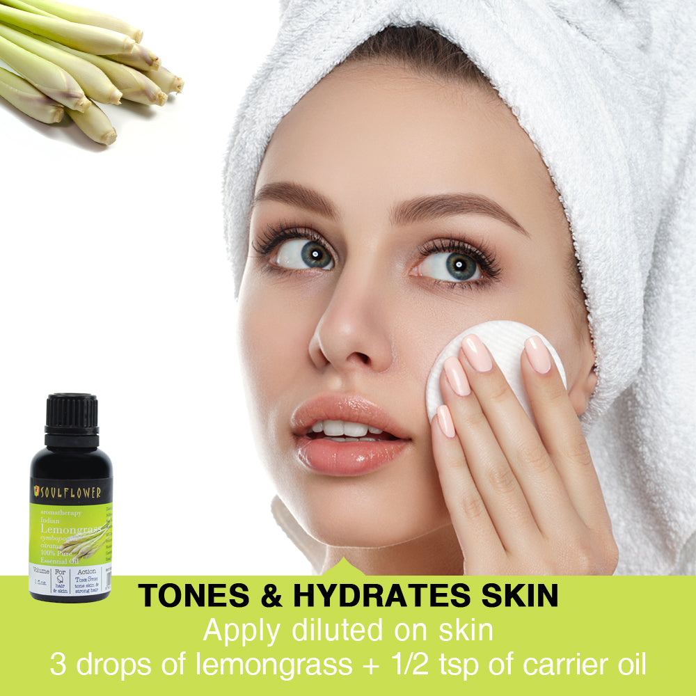 Soulflower Lemongrass Essential Oil for hair, skin and aromatherapy diluted skin care application guide