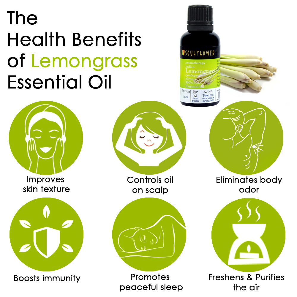 Soulflower Lemongrass Essential Oil for hair, skin and aromatherapy benefits infographic for hair, skin and refreshing aromatherapy care