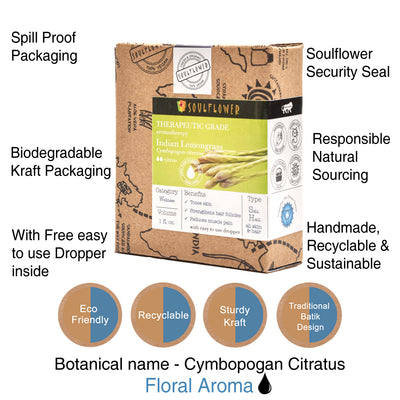 Soulflower Lemongrass Essential Oil for hair, skin and aromatherapy recyclable packaging and dropper features