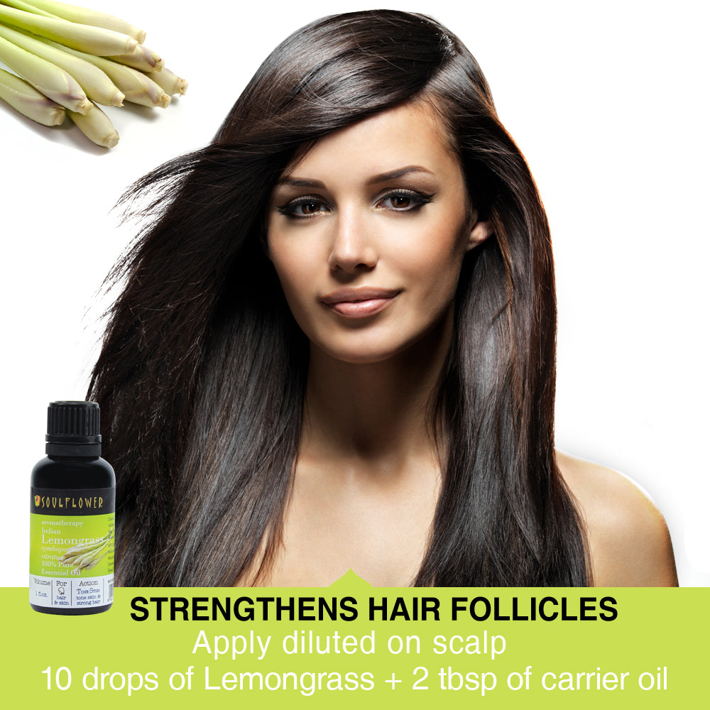 Soulflower Lemongrass Essential Oil for hair, skin and aromatherapy scalp and hair care application guide