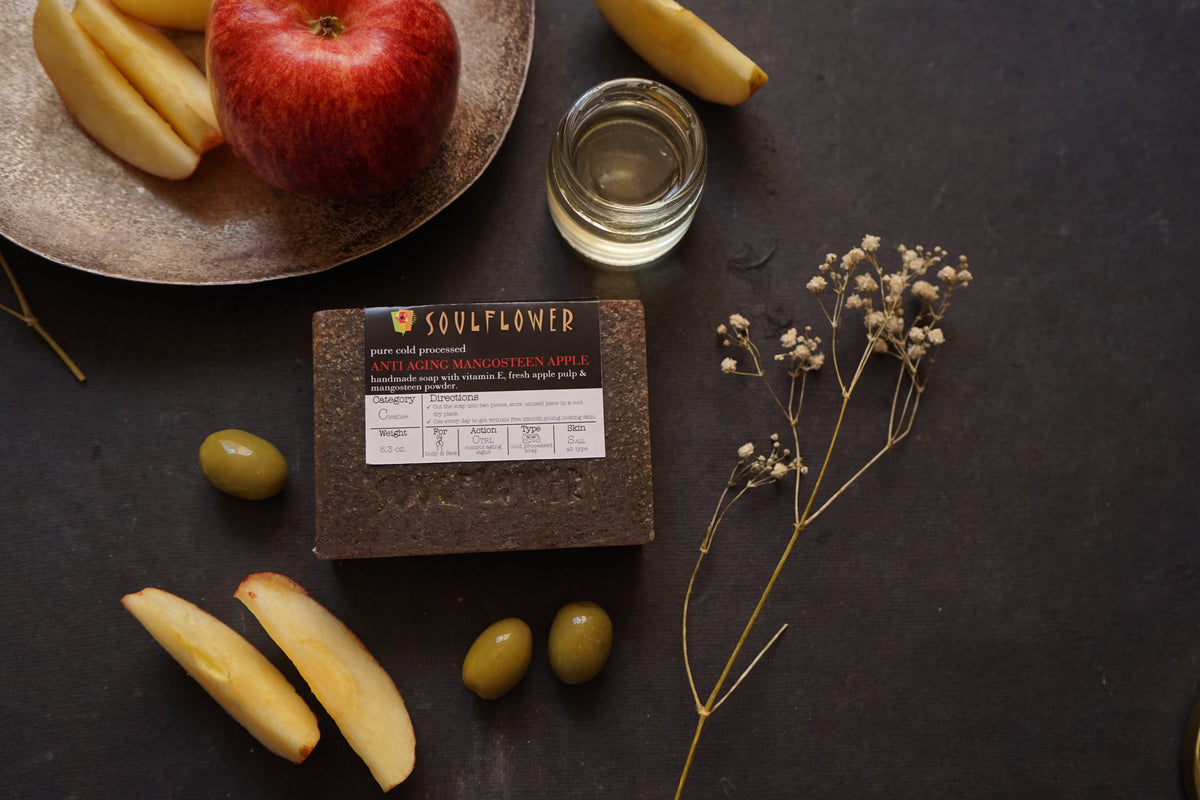 Soulflower Mangosteen Apple Handmade Soap, pack of 2 handmade soap product flat lay