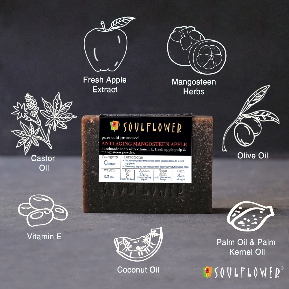 Soulflower Mangosteen Apple Handmade Soap, pack of 2 natural ingredients infographic