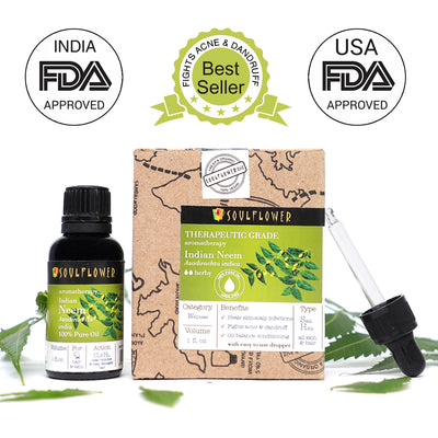 Soulflower Neem Essential Oil for scalp and skin care bottle, packaging and quality certifications