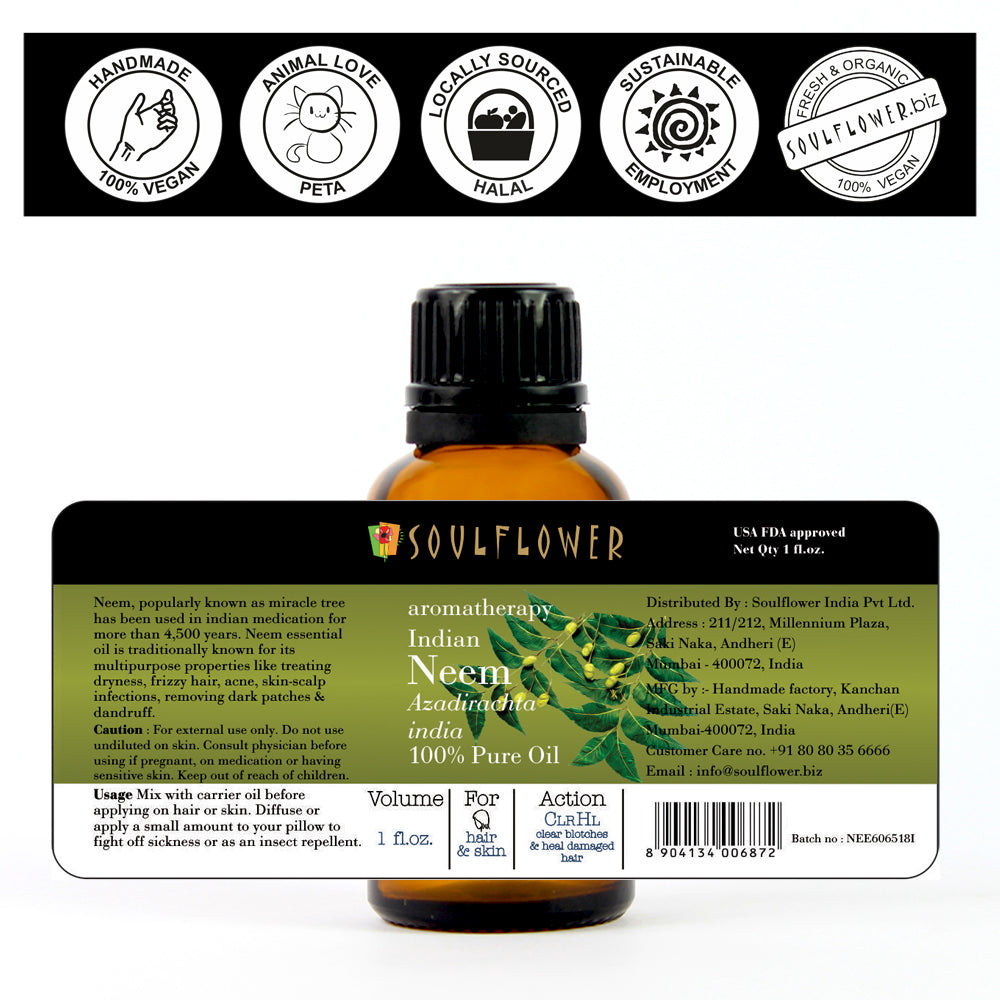 Soulflower Neem Essential Oil for scalp and skin care ingredients label and usage directions