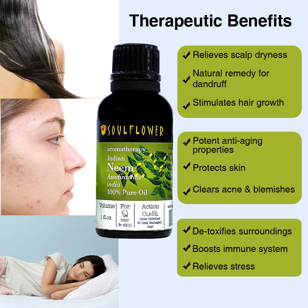 Soulflower Neem Essential Oil for scalp and skin care uses and benefits infographic for scalp and skin care