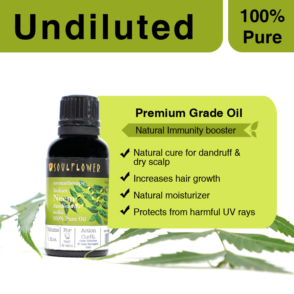 Soulflower Neem Essential Oil for scalp and skin care undiluted oil benefits infographic for scalp and skin care
