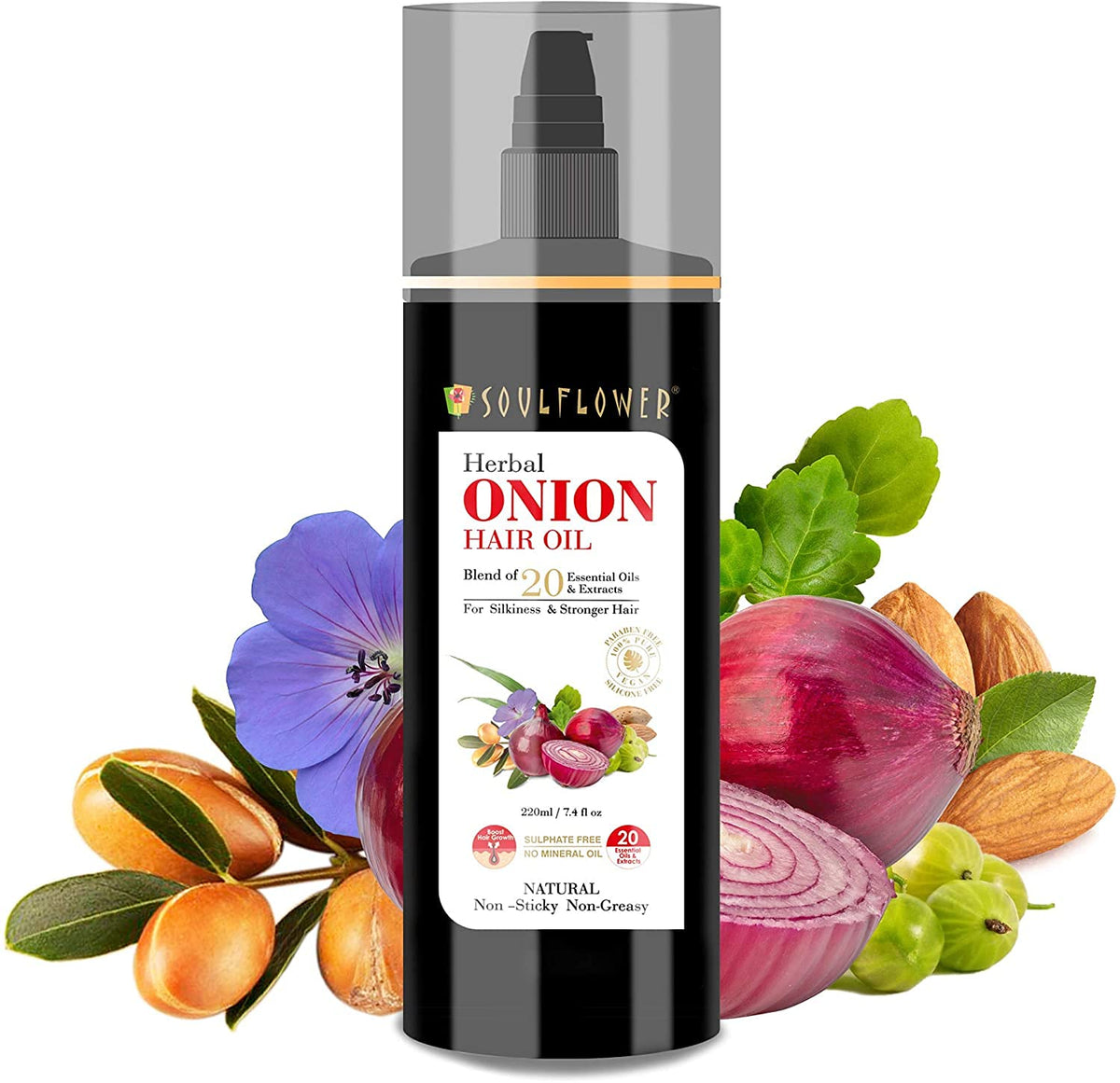 Front pack shot of Soulflower Cold Pressed Onion Hair Growth Oil