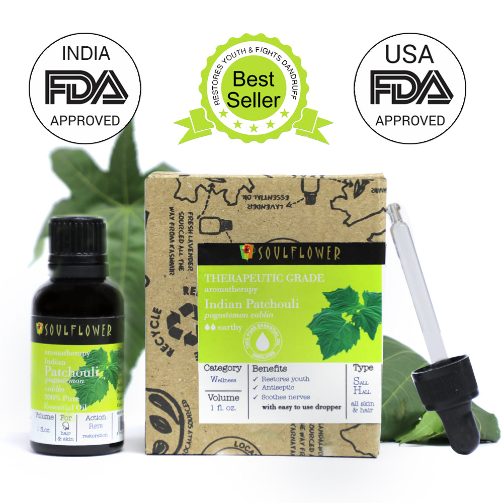 Soulflower Patchouli Essential Oil for aromatherapy bottle, packaging and quality certifications