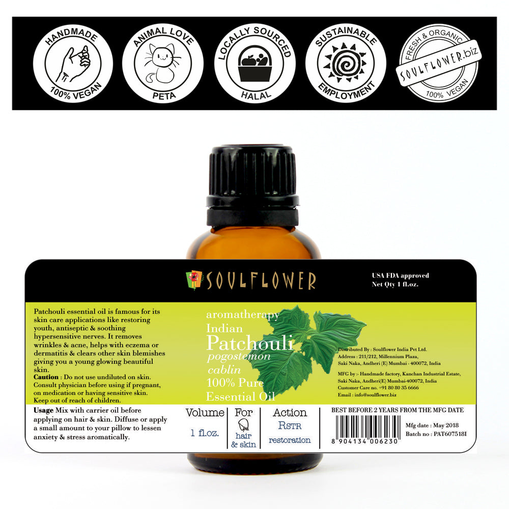 Soulflower Patchouli Essential Oil for aromatherapy ingredients label and usage directions