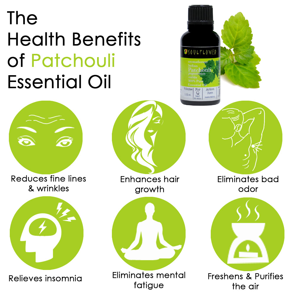 Soulflower Patchouli Essential Oil for aromatherapy benefits infographic for relaxing aromatherapy and skin care