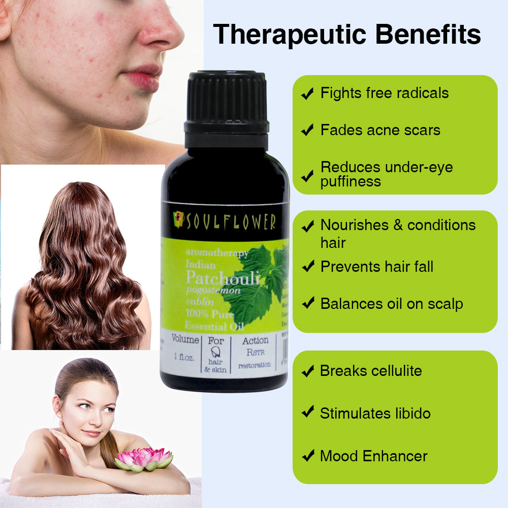 Soulflower Patchouli Essential Oil for aromatherapy uses and benefits infographic for relaxing aromatherapy and skin care