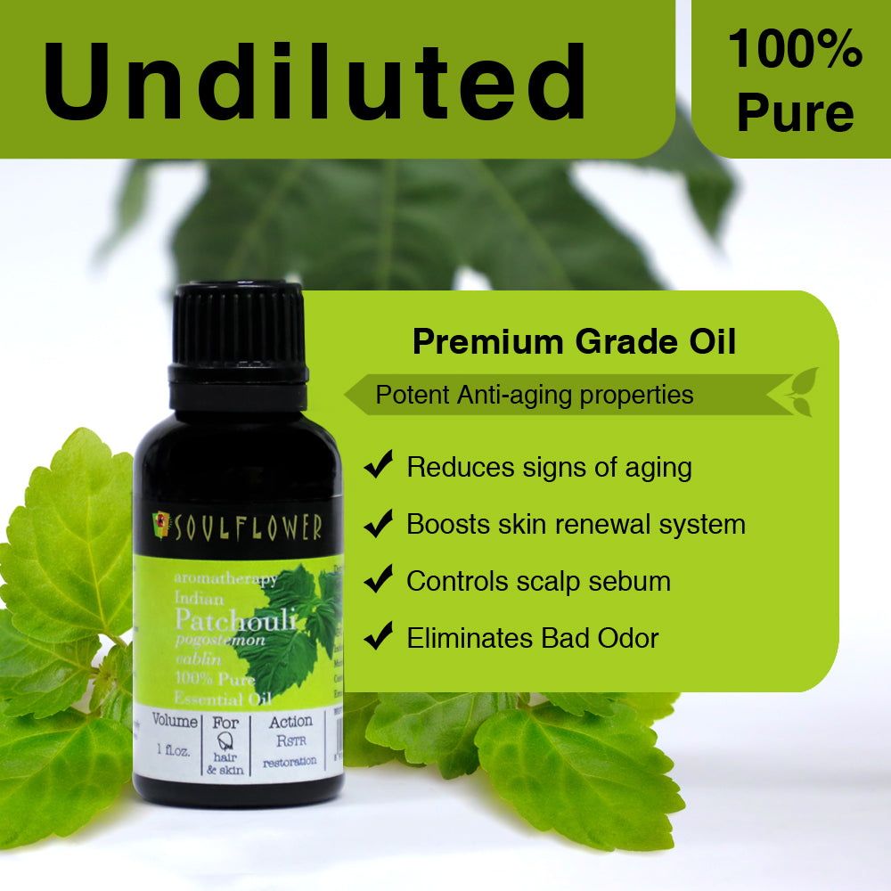 Soulflower Patchouli Essential Oil for aromatherapy undiluted premium-grade oil benefits infographic