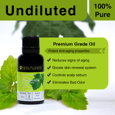 Soulflower Patchouli Essential Oil for aromatherapy undiluted premium-grade oil benefits infographic