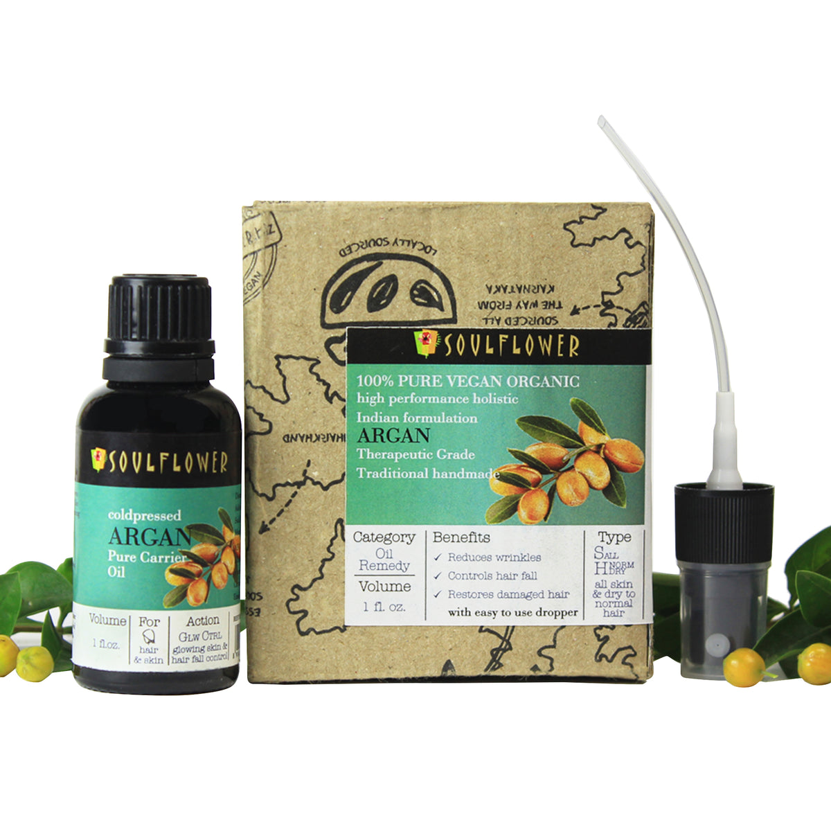 Soulflower Pure Argan Carrier Oil for hair and skin bottle, packaging and glass dropper