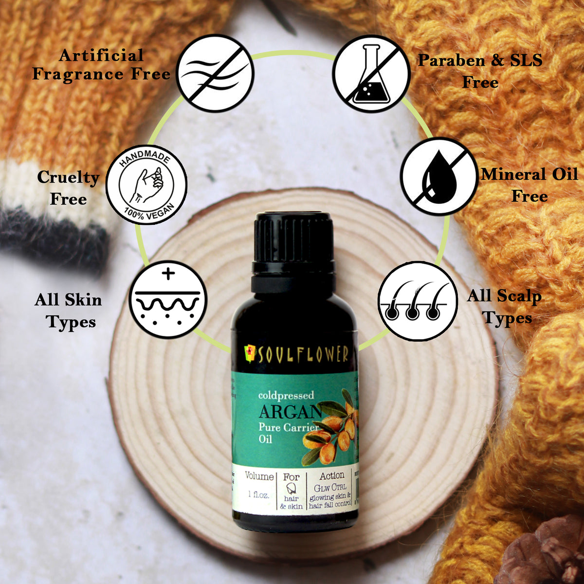 Soulflower Pure Argan Carrier Oil for hair and skin with organic and purity certification icons