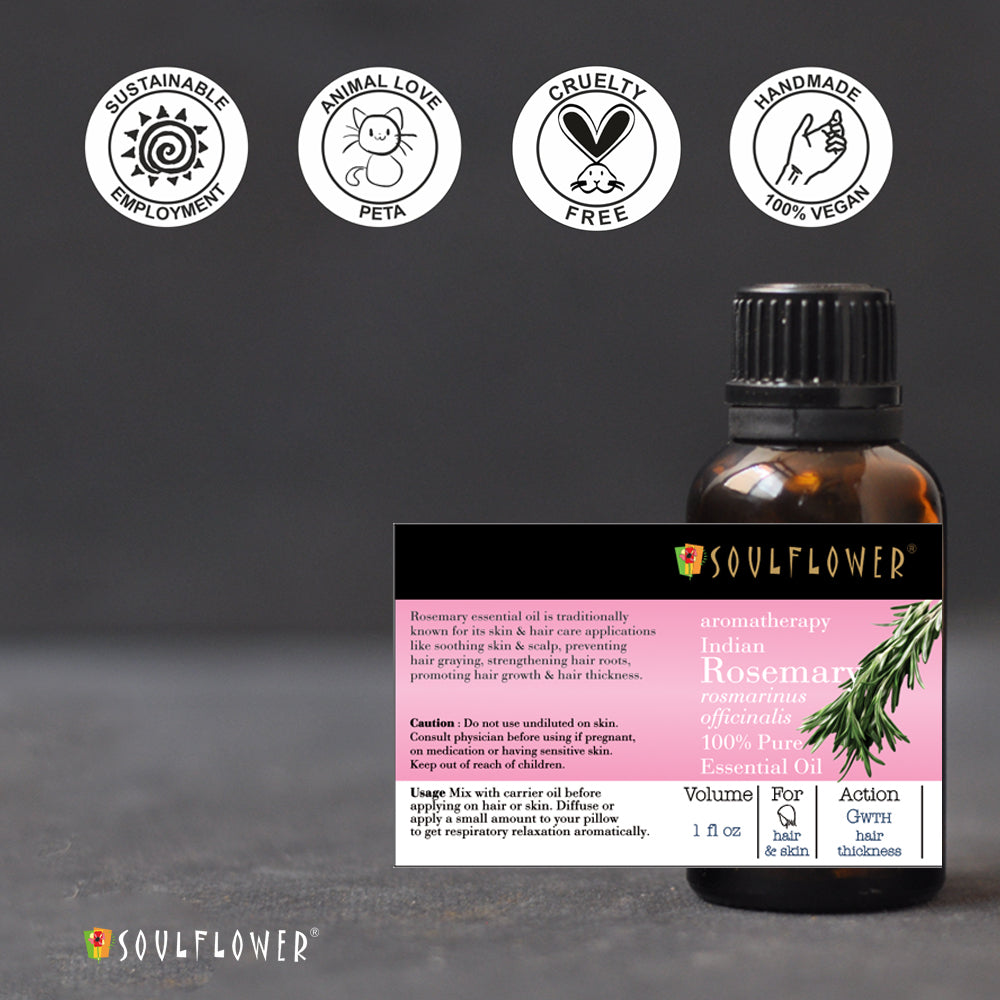 Soulflower Rosemary Essential Oil for hair and scalp care ingredients label and quality certifications