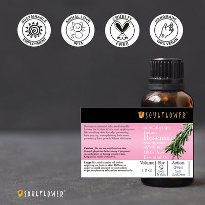 Soulflower Rosemary Essential Oil for hair and scalp care ingredients label and quality certifications