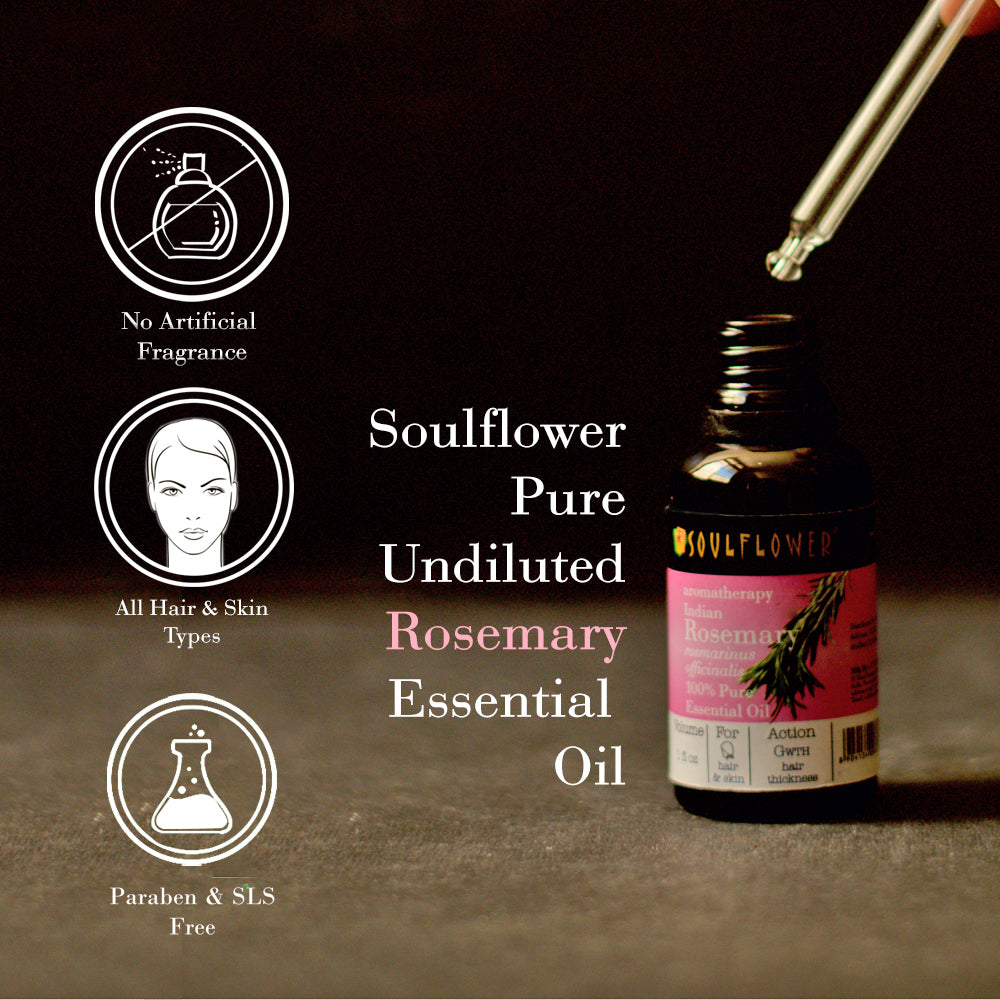 Soulflower Rosemary Essential Oil for hair and scalp care undiluted oil bottle and dropper