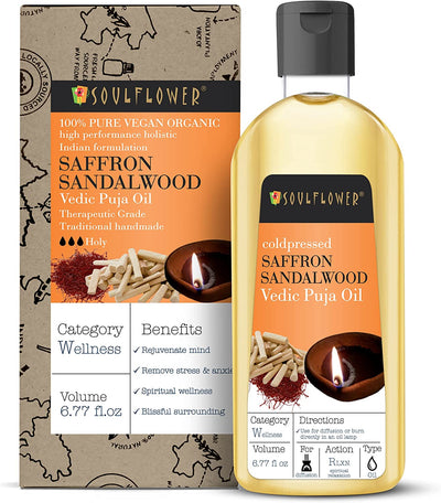 Soulflower Saffron Sandalwood Vedic Puja Oil bottle and retail packaging