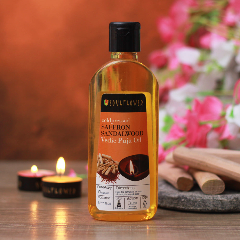 Soulflower Saffron Sandalwood Vedic Puja Oil for traditional prayer and puja rituals