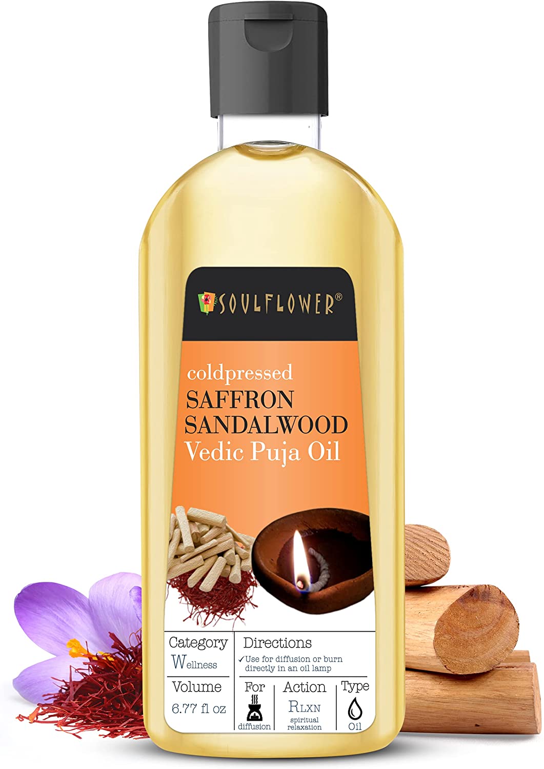 Front pack shot of Soulflower Saffron Sandalwood Vedic Puja Oil