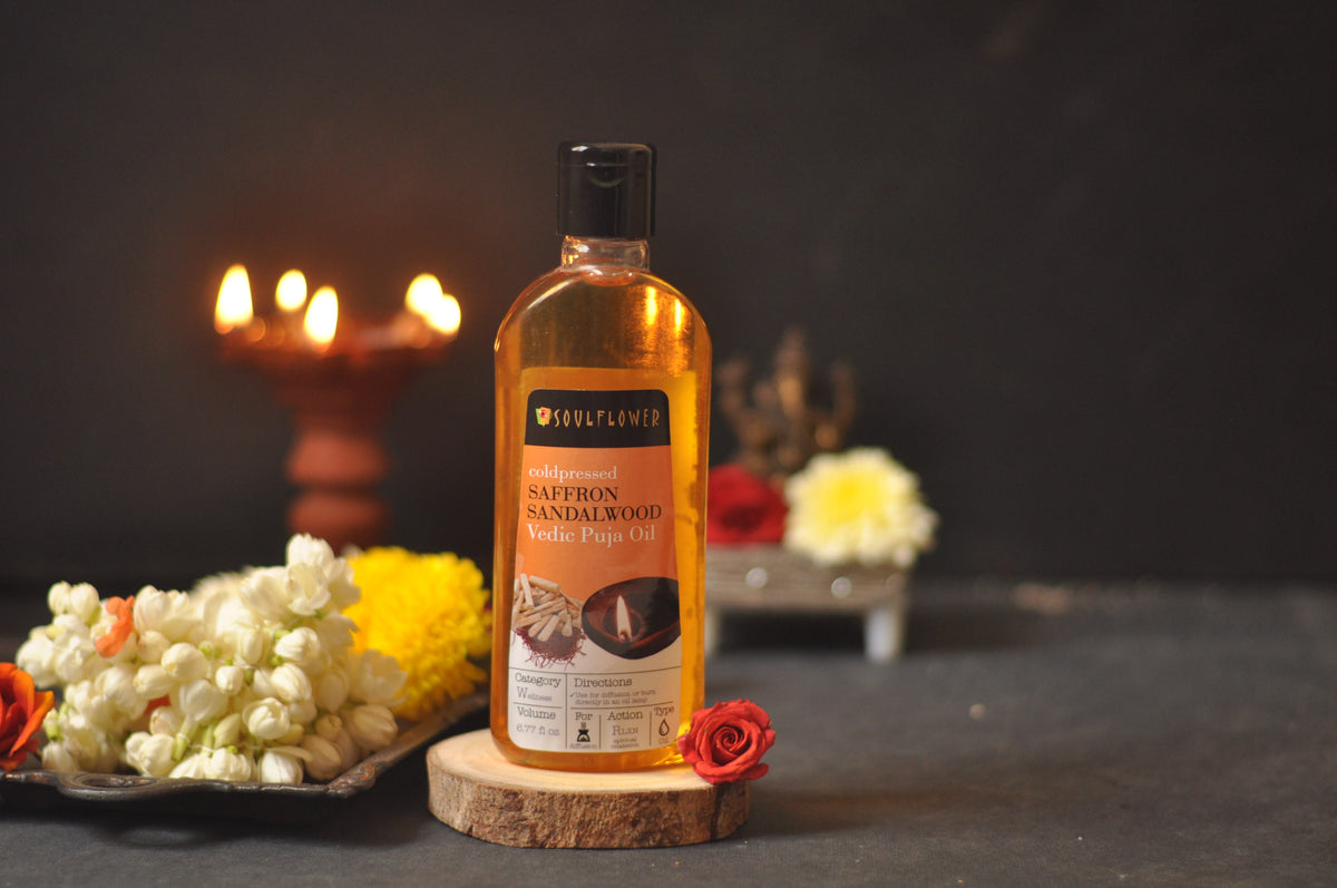 Soulflower Saffron Sandalwood Vedic Puja Oil for meditation and puja rituals