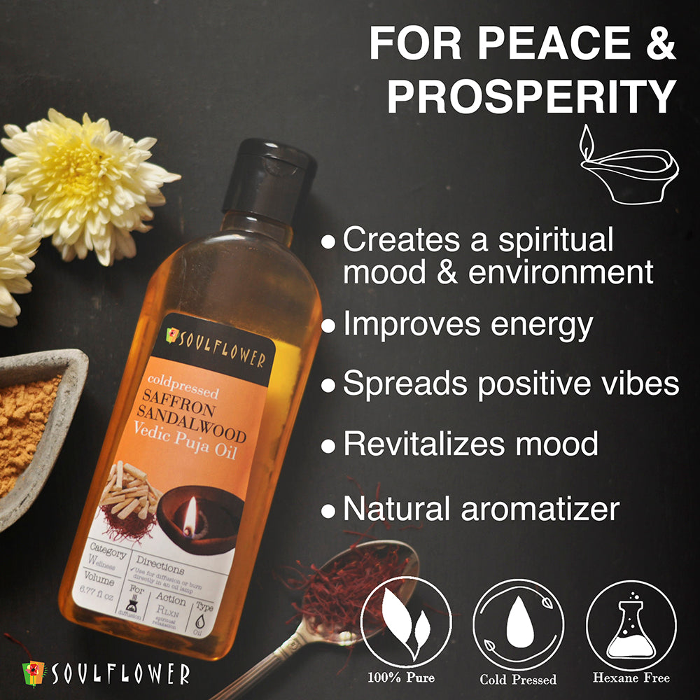 Soulflower Saffron Sandalwood Vedic Puja Oil peace and prosperity ritual benefits infographic