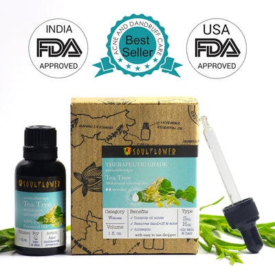 Soulflower Tea Tree Essential Oil for scalp and skin care bottle, packaging and quality certifications