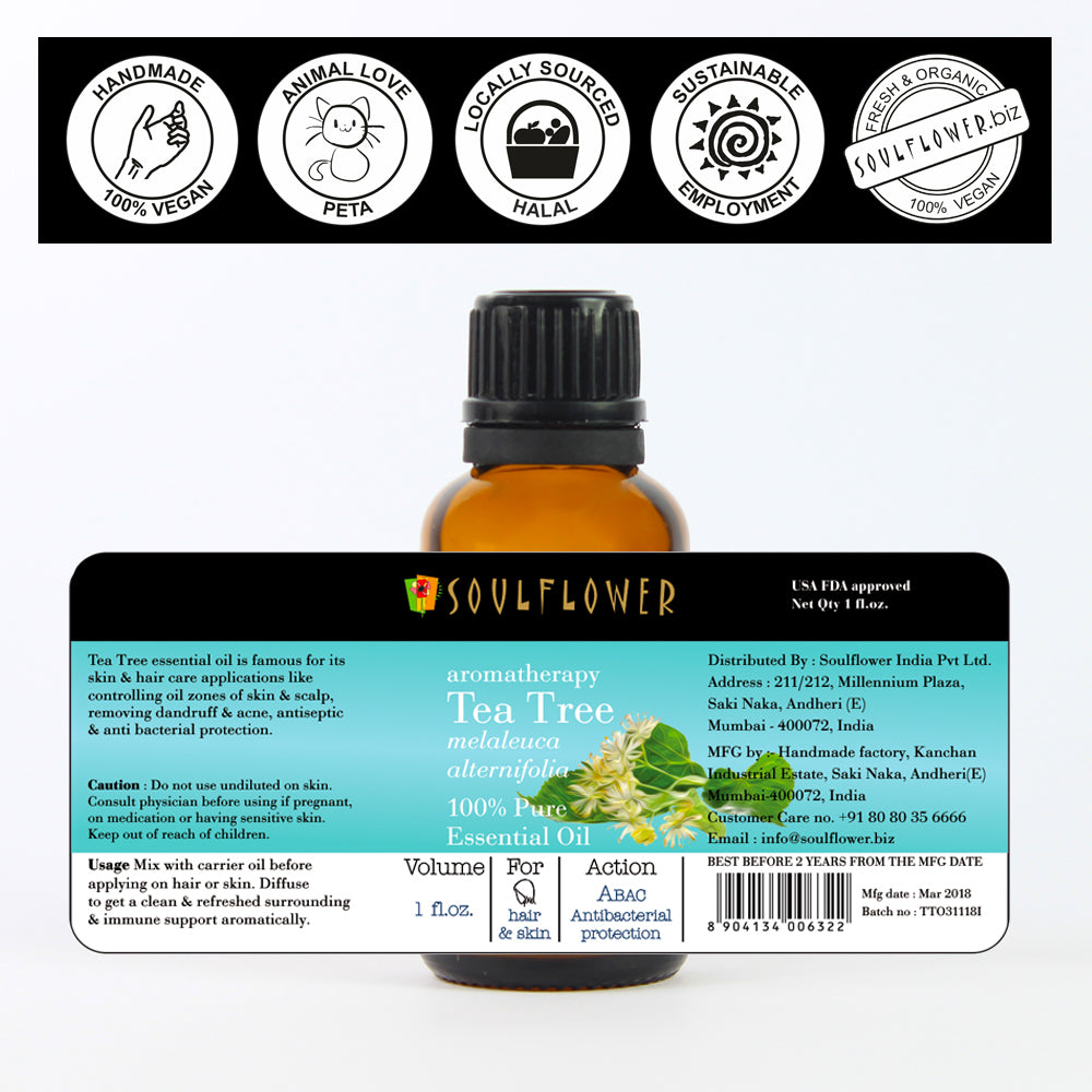 Soulflower Tea Tree Essential Oil for scalp and skin care ingredients label and usage directions