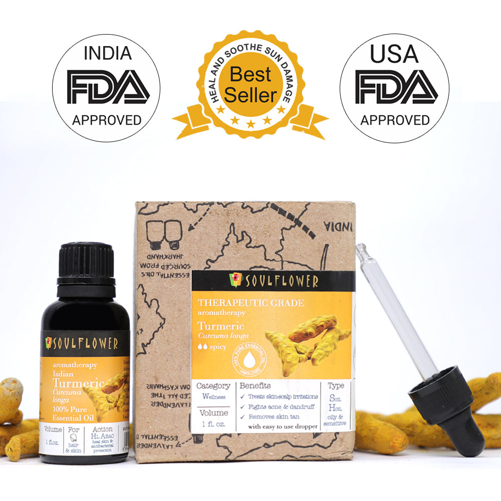 Soulflower Turmeric Essential Oil for skin care bottle, packaging and quality certifications