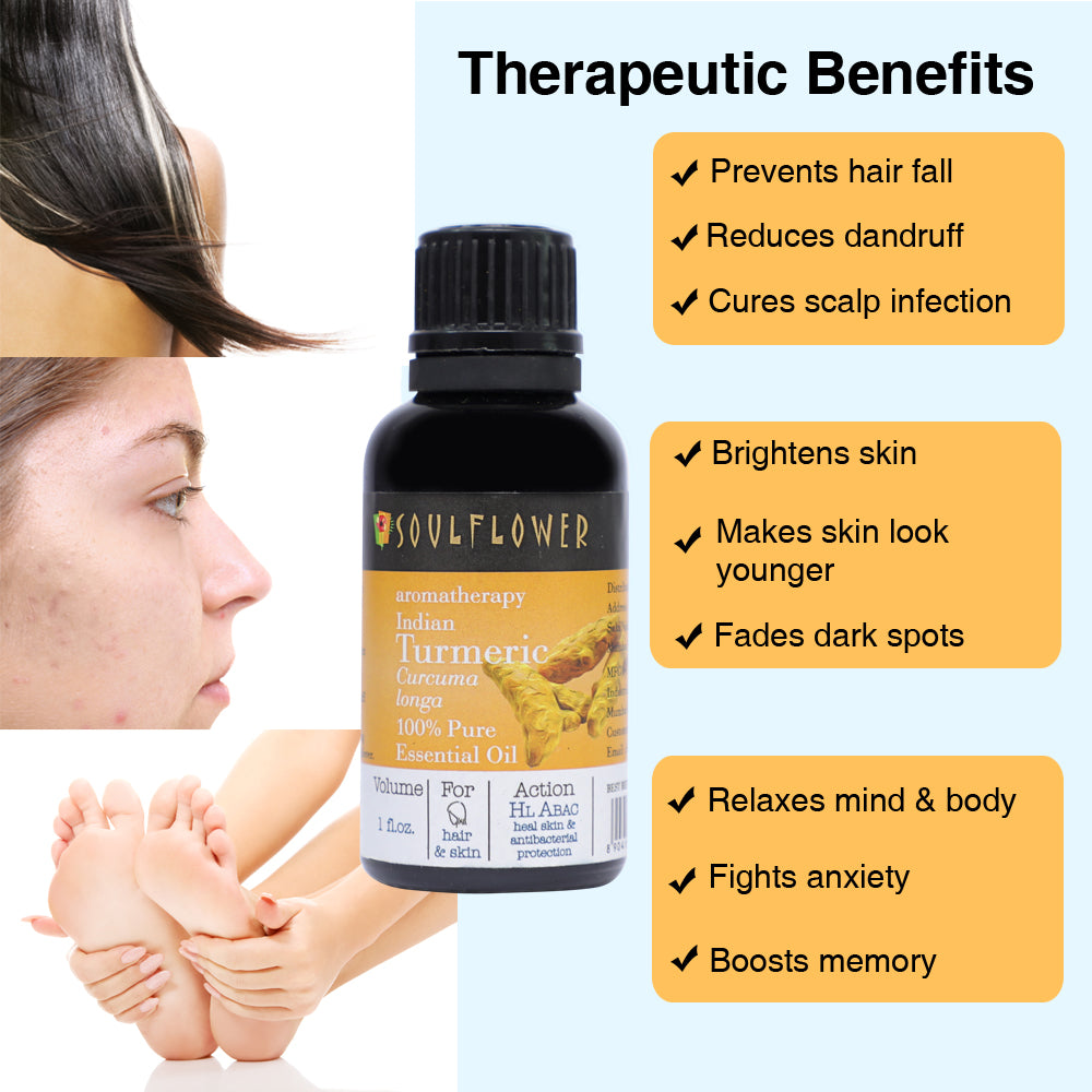 Soulflower Turmeric Essential Oil for skin care uses and benefits infographic for glowing-looking skin and targeted care