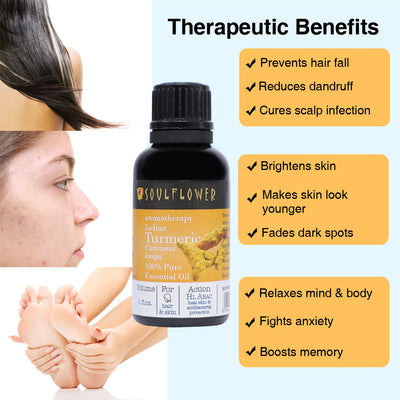 Soulflower Turmeric Essential Oil for skin care uses and benefits infographic for glowing-looking skin and targeted care