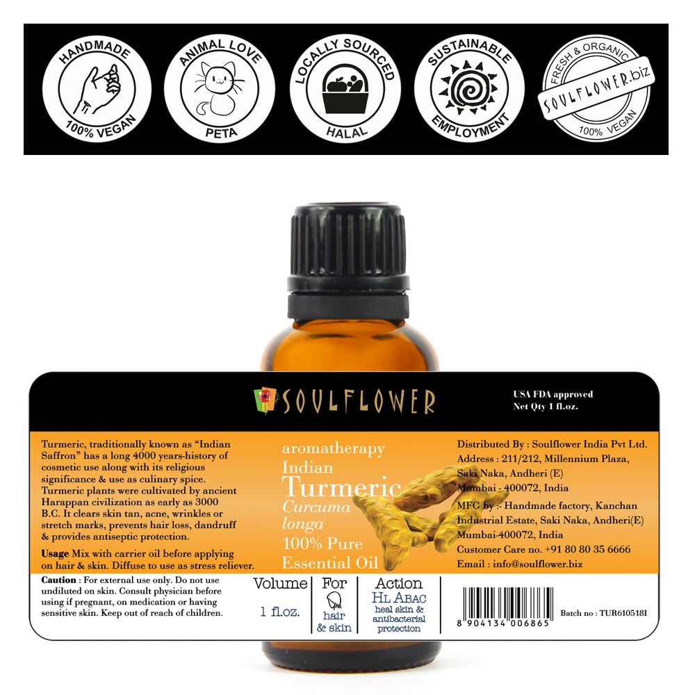Soulflower Turmeric Essential Oil for skin care ingredients label and usage directions