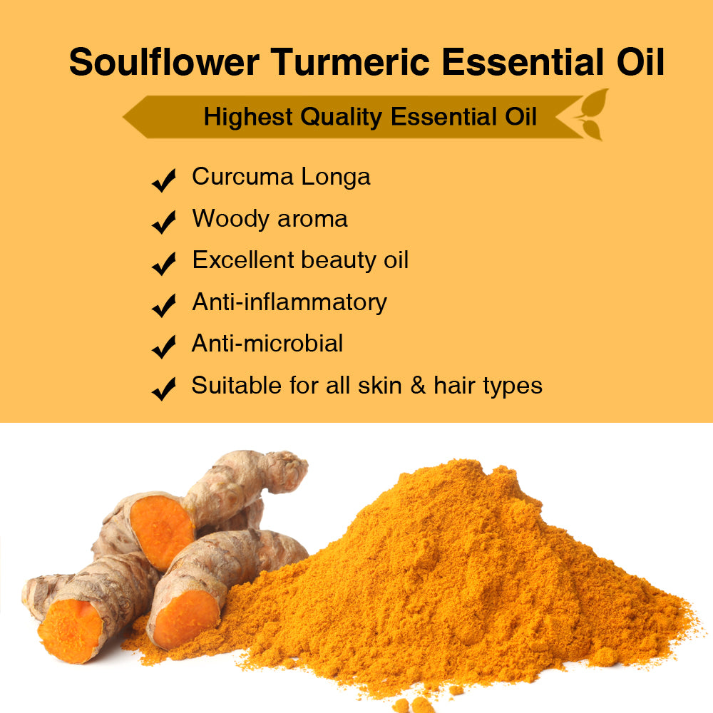 Soulflower Turmeric Essential Oil for skin care ingredients and formulation infographic