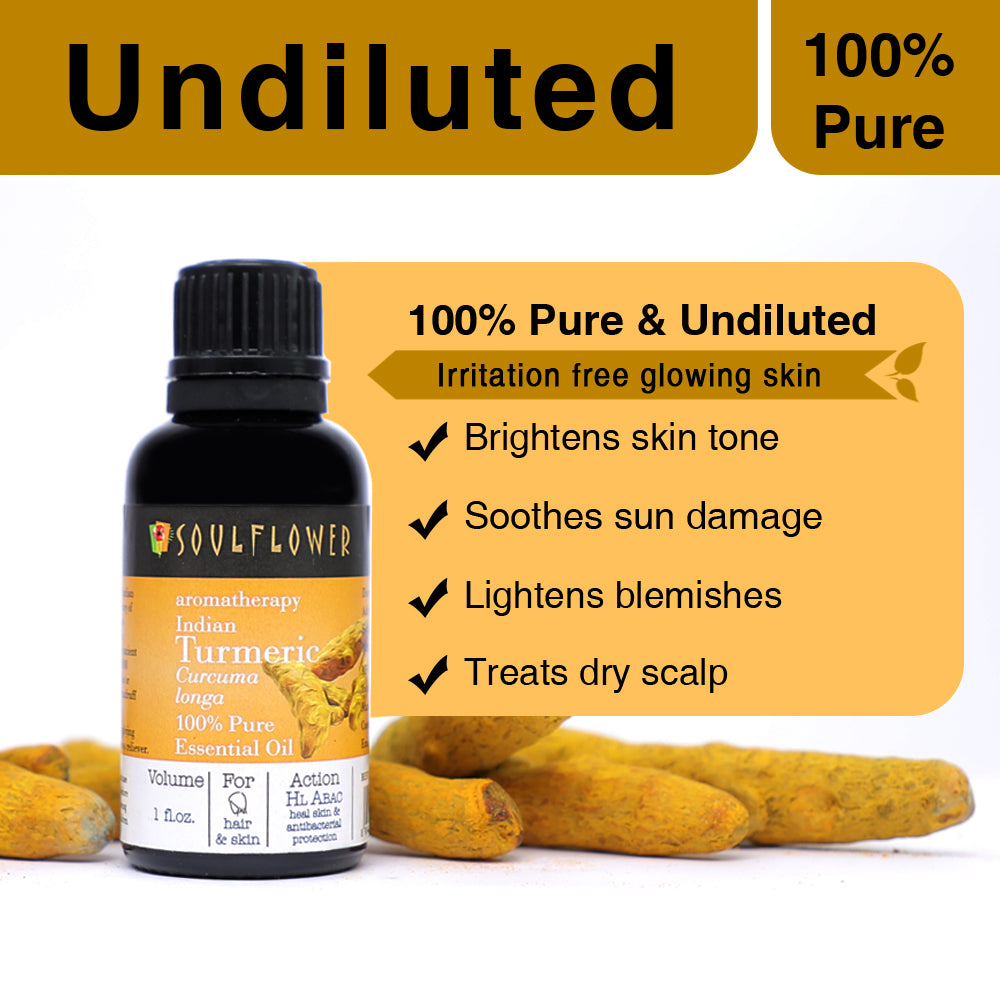 Soulflower Turmeric Essential Oil for skin care undiluted oil benefits infographic for glowing-looking skin and targeted care