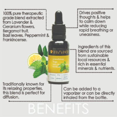 Soulflower Yoga Aromatherapy Essential Oil Blend ingredients and aromatherapy benefits infographic