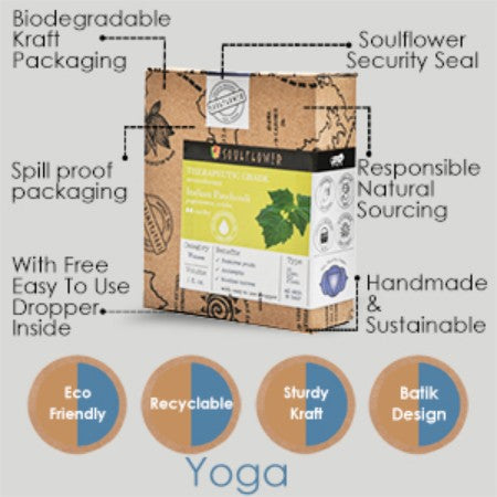 Soulflower Yoga Aromatherapy Essential Oil Blend recyclable packaging and dropper features