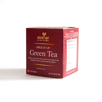 Akshar Ayurveda Spice It Up Green Herbal Tea, 10 tea bags retail packaging box, front and side view