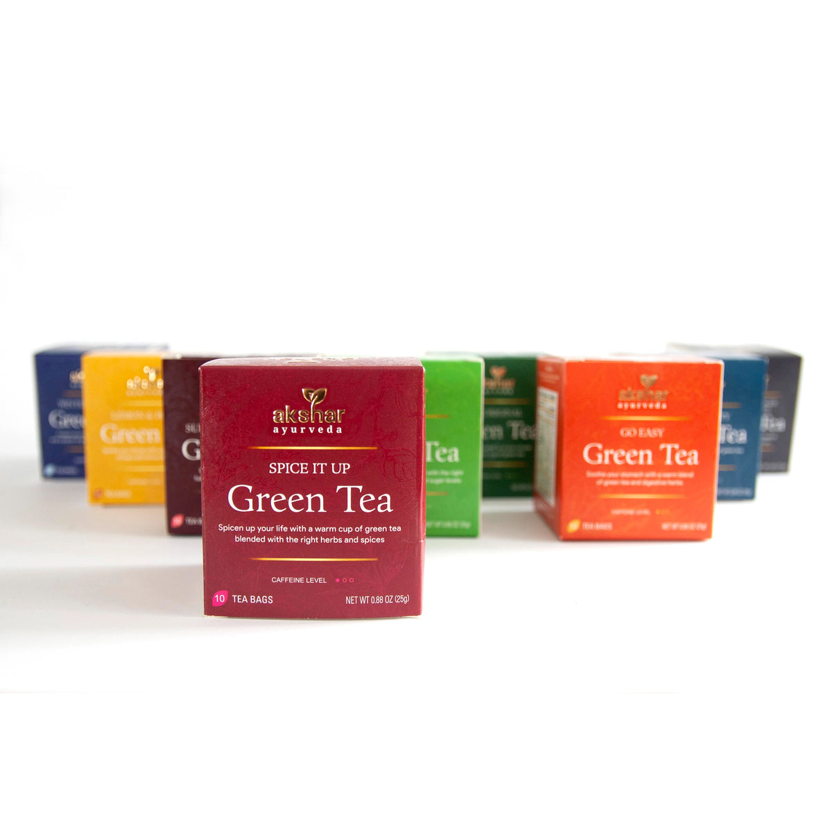 Akshar Ayurveda Spice It Up Green Herbal Tea, 10 tea bags featured in the assorted herbal tea collection