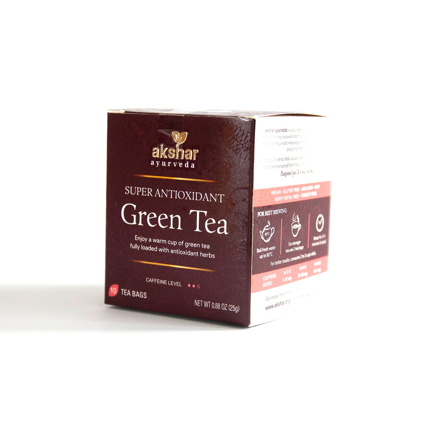 Akshar Ayurveda Super Oxidant Green Herbal Tea, 10 tea bags retail packaging box, front and side view