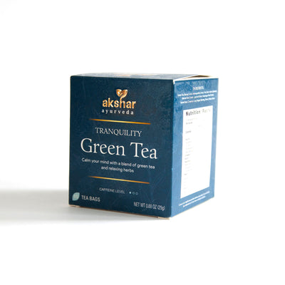 Akshar Ayurveda Tranquility Green Herbal Tea, 10 tea bags retail packaging box, front and side view