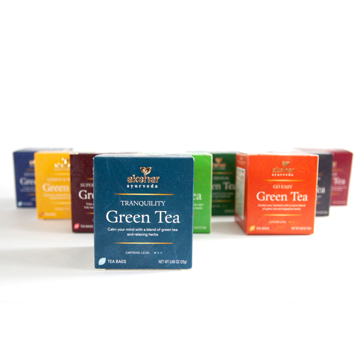 Akshar Ayurveda Tranquility Green Herbal Tea, 10 tea bags featured in the assorted herbal tea collection