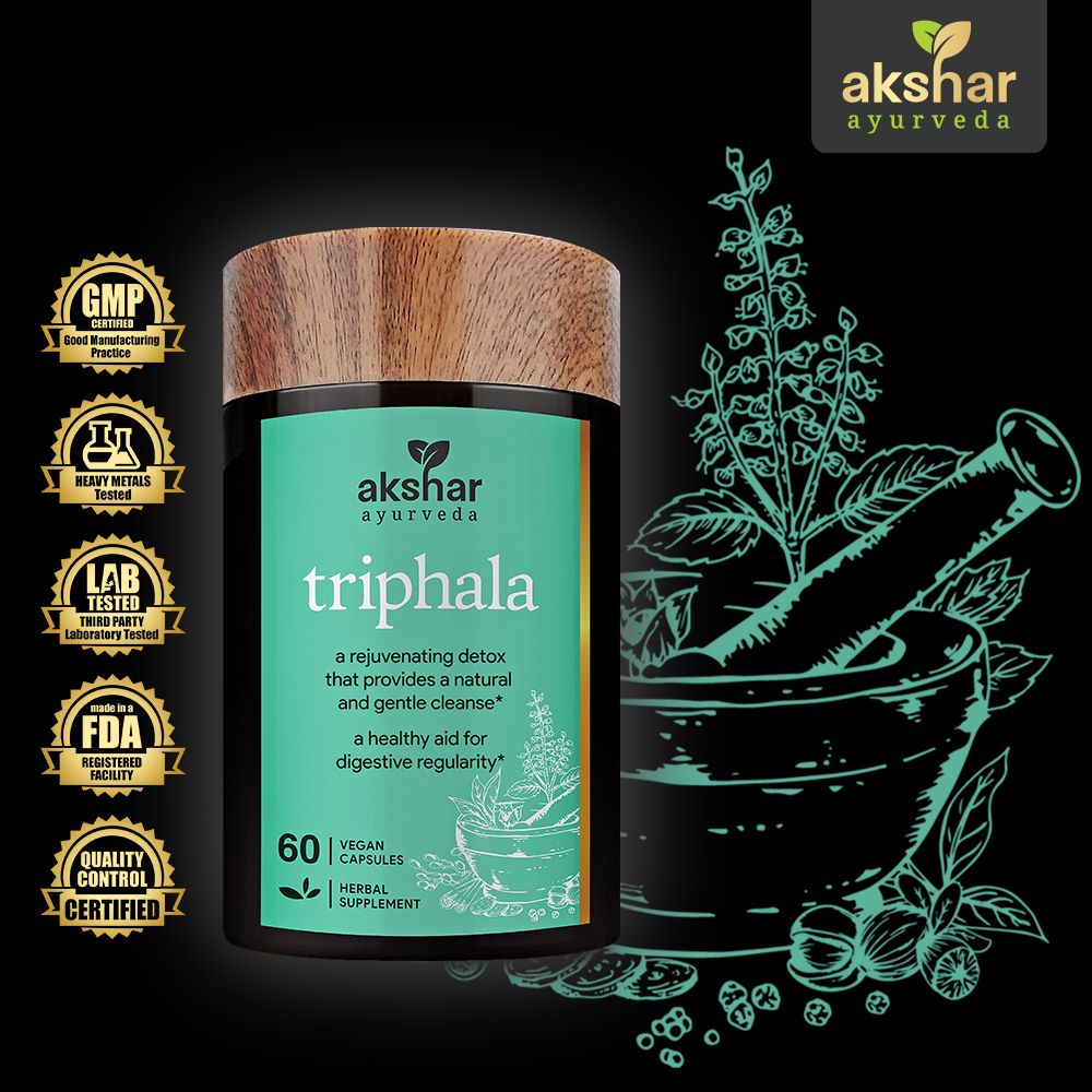 Akshar Ayurveda Triphala 500mg supplement, 60 vegan tablets with Ayurvedic ingredient and quality certifications