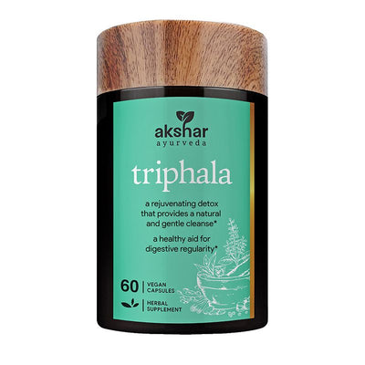 Front pack shot of Akshar Ayurveda Triphala 500mg supplement, 60 vegan tablets