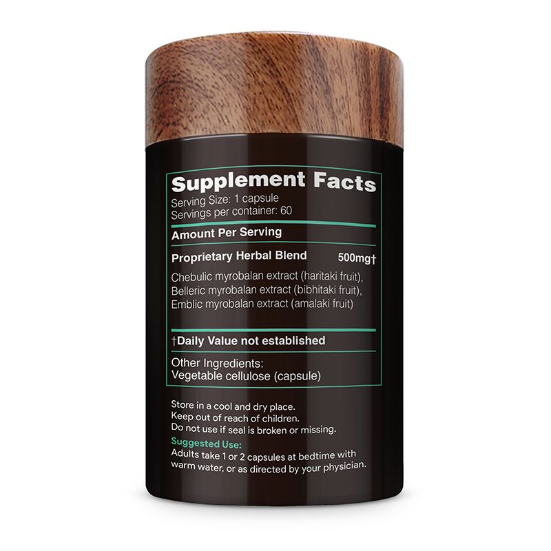 Akshar Ayurveda Triphala 500mg supplement, 60 vegan tablets Supplement Facts label and usage directions