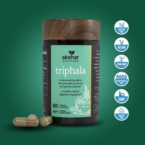 Akshar Ayurveda Triphala 500mg supplement, 60 vegan tablets with vegan quality certification icons