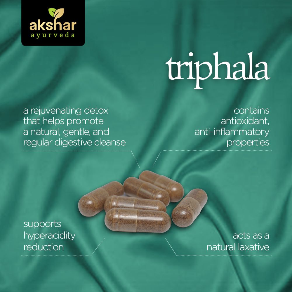 Akshar Ayurveda Triphala 500mg supplement, 60 vegan tablets benefits infographic for digestion, detox and gentle cleansing support