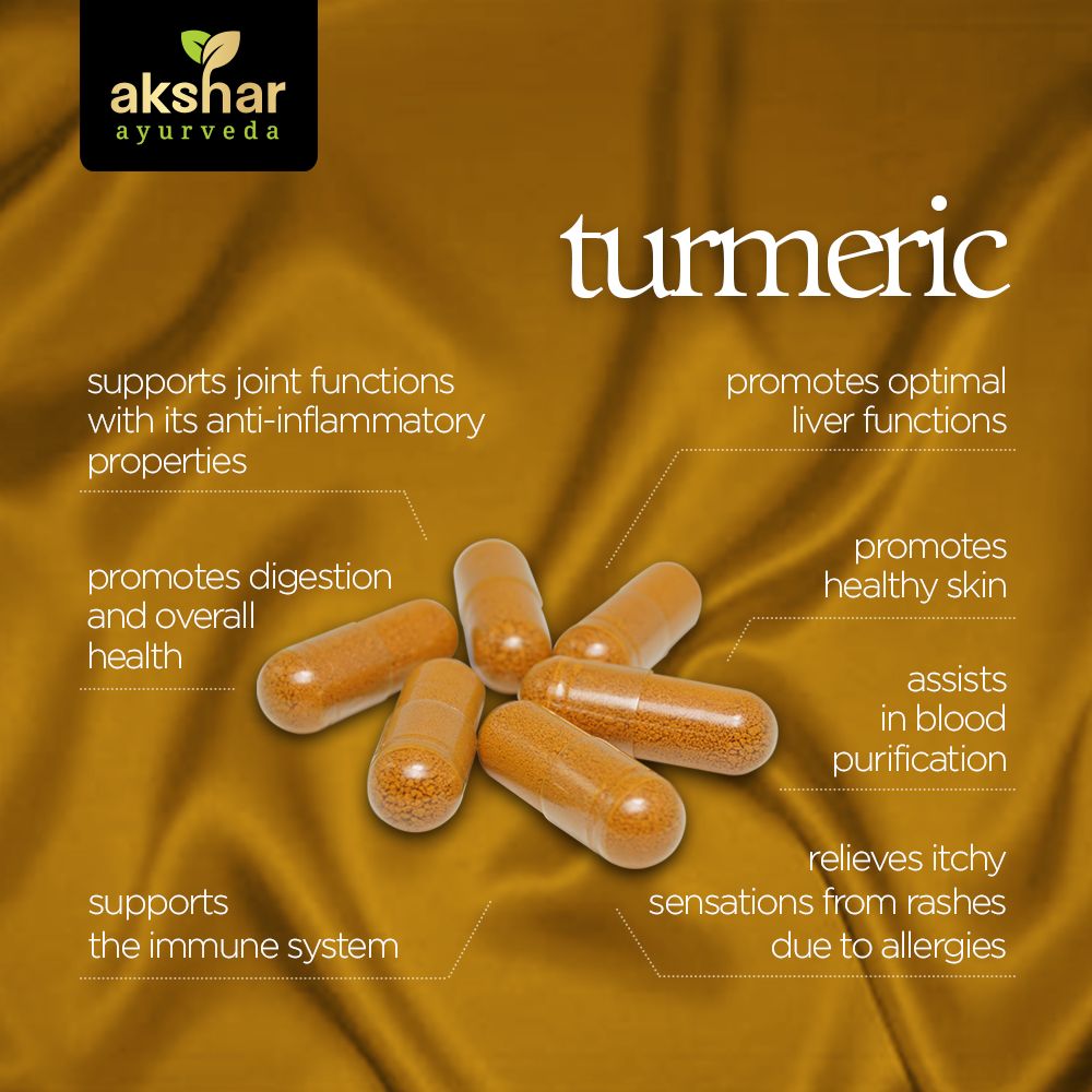 Akshar Ayurveda Turmeric 500mg supplement, 60 vegan tablets with Ayurvedic ingredient and quality certifications