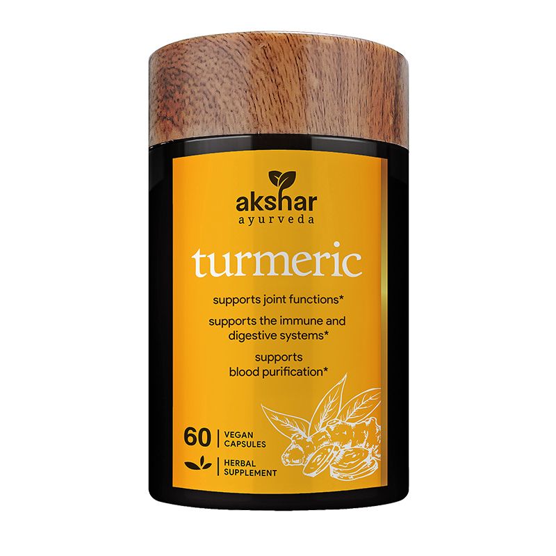 Front pack shot of Akshar Ayurveda Turmeric 500mg supplement, 60 vegan tablets