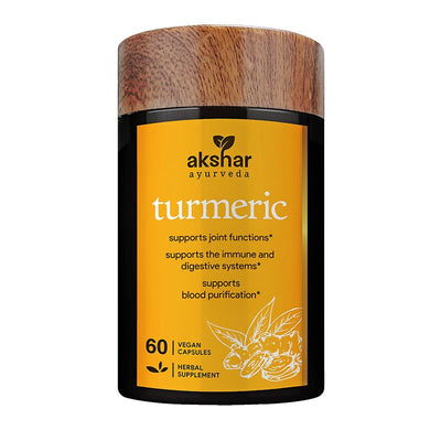 Front pack shot of Akshar Ayurveda Turmeric 500mg supplement, 60 vegan tablets